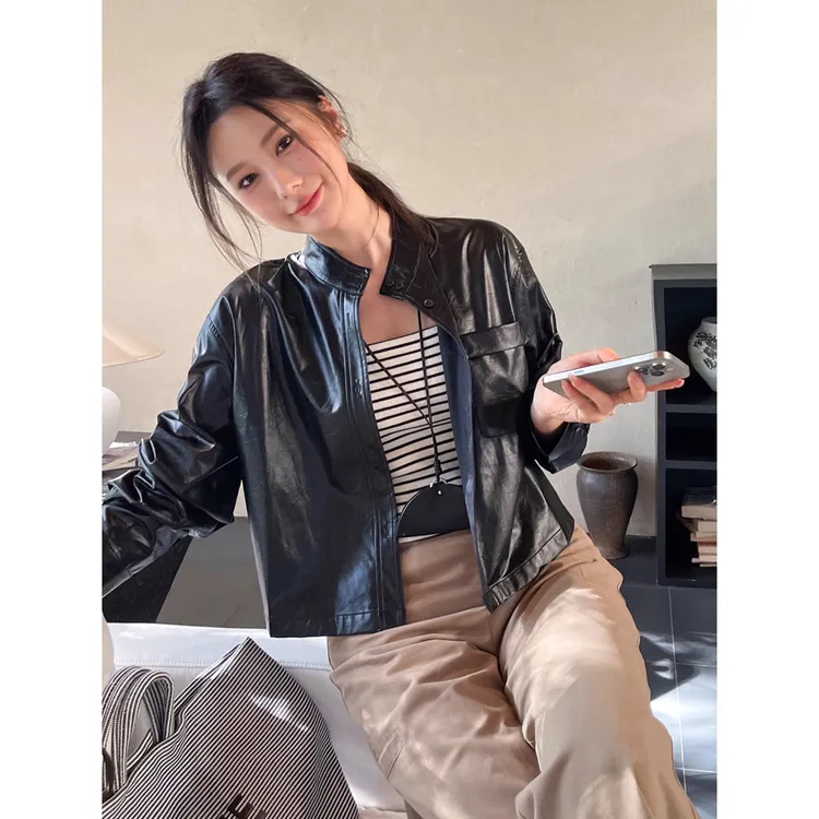 黑色pu皮衣外套女2025新款秋季短款休闲立领设计感小个子夹克上衣