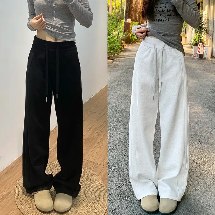 黑色运动休闲裤女冬季加绒胖mm大码高腰显瘦梨形身材宽松阔腿卫裤