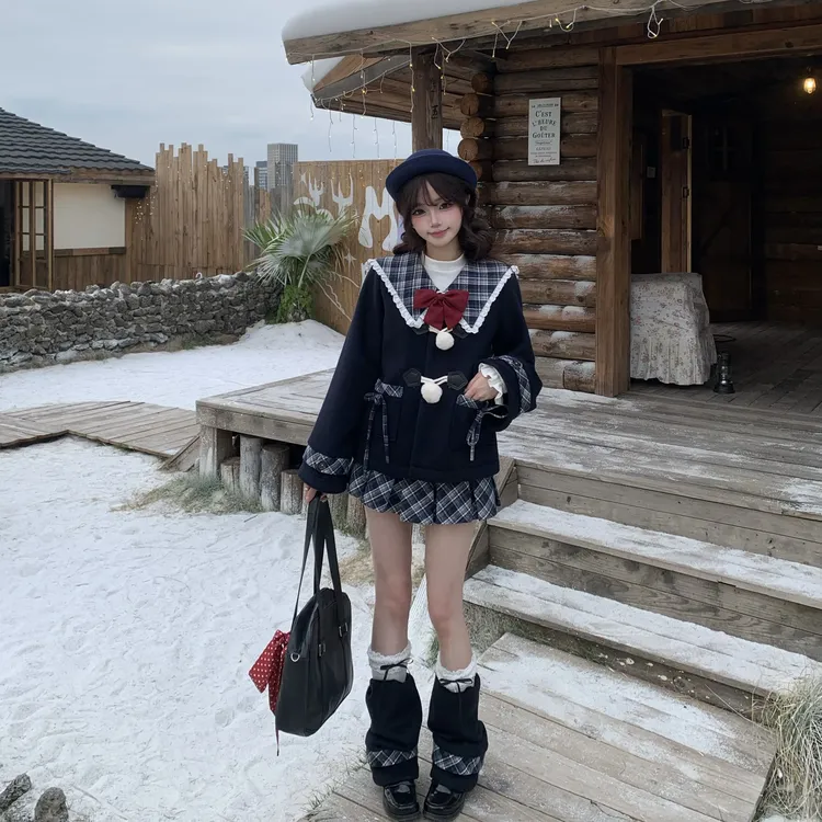 冬日恋歌 秋冬藏青色格子学院风宽松毛呢外套百褶裙jk制服套装女