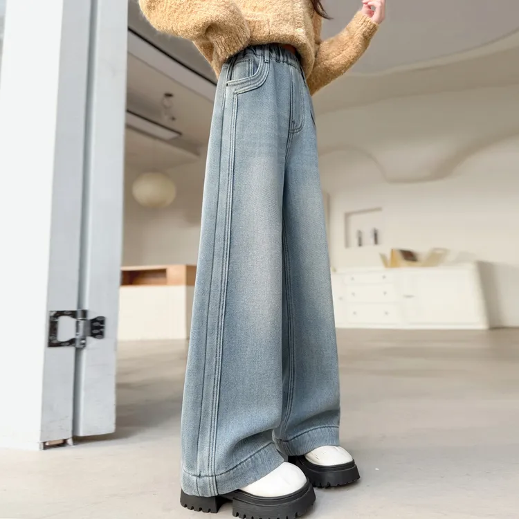 女童广角加绒直筒牛仔裤韩版潮流百搭休闲加厚奥粒绒保暖裤子外穿