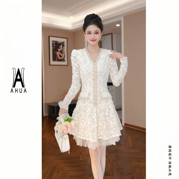 【花花原创】小香风气质收腰千金风连衣裙长袖小个子45362