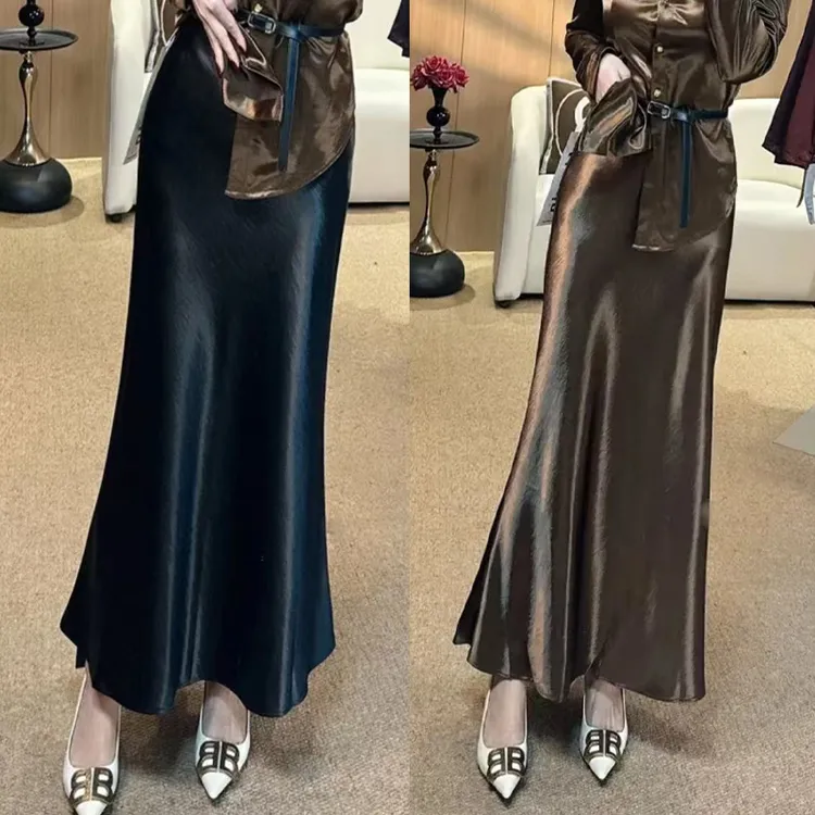 春季新款加厚醋酸缎面大摆A字半身裙显瘦气质高腰时尚百搭轻奢