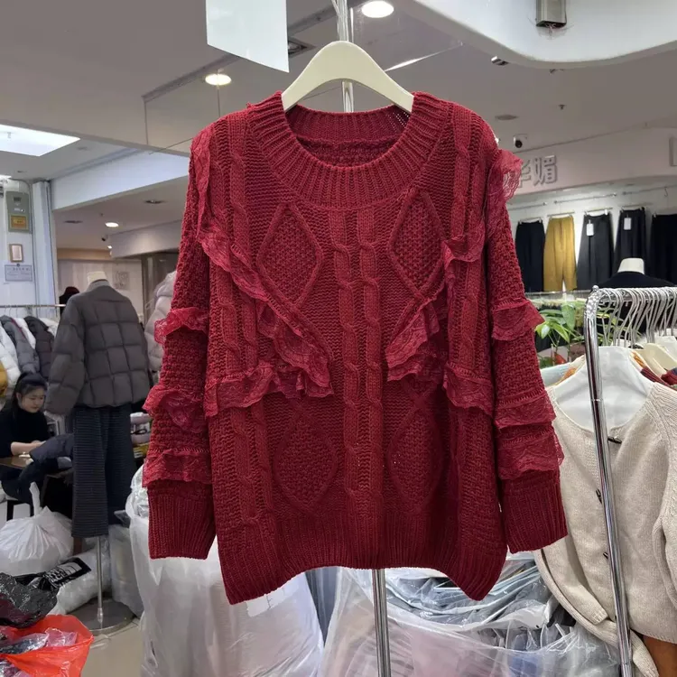 复古蕾丝拼接麻花针织衫女秋冬宽松套头慵懒风打底毛衣时尚百搭