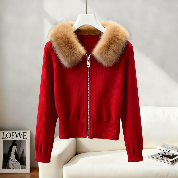新年圣诞穿搭奶呼呼软糯慵懒风宽松毛领红色长袖针织衫毛衣女秋冬