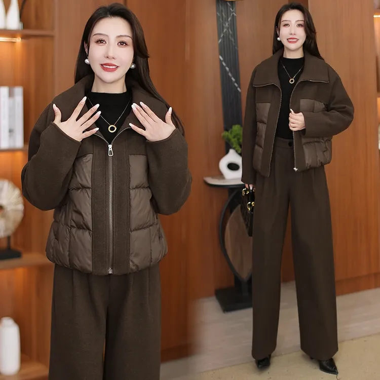 时尚套装女2025冬季新款洋气毛呢拼接棉服外套阔腿裤保暖两件套潮