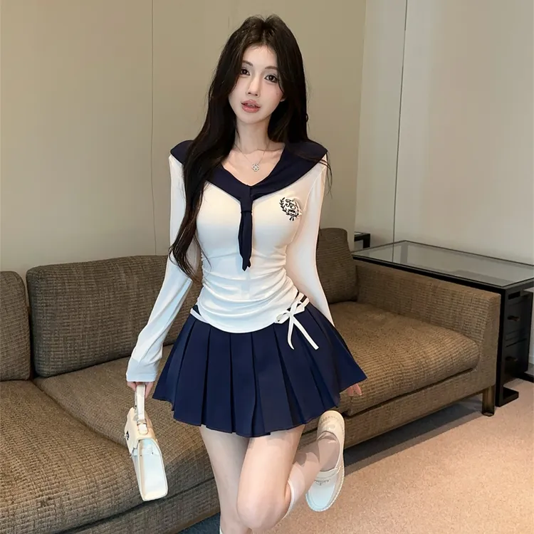 150cm155小个子秋装JK制服百褶裙套装长袖上衣甜辣半身短裙两件套