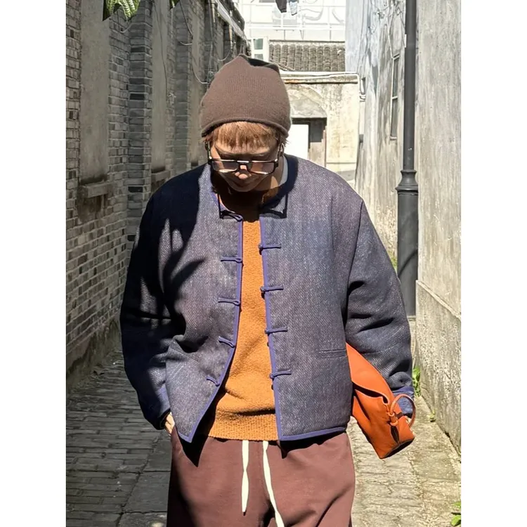 【现代时髦风】LIY香云纱牛仔蓝提花手工棉服