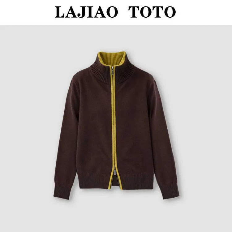 辣椒姐【‌撞边开衫】100羊毛拉链舒适立领女士长袖羊毛开衫#MG8516