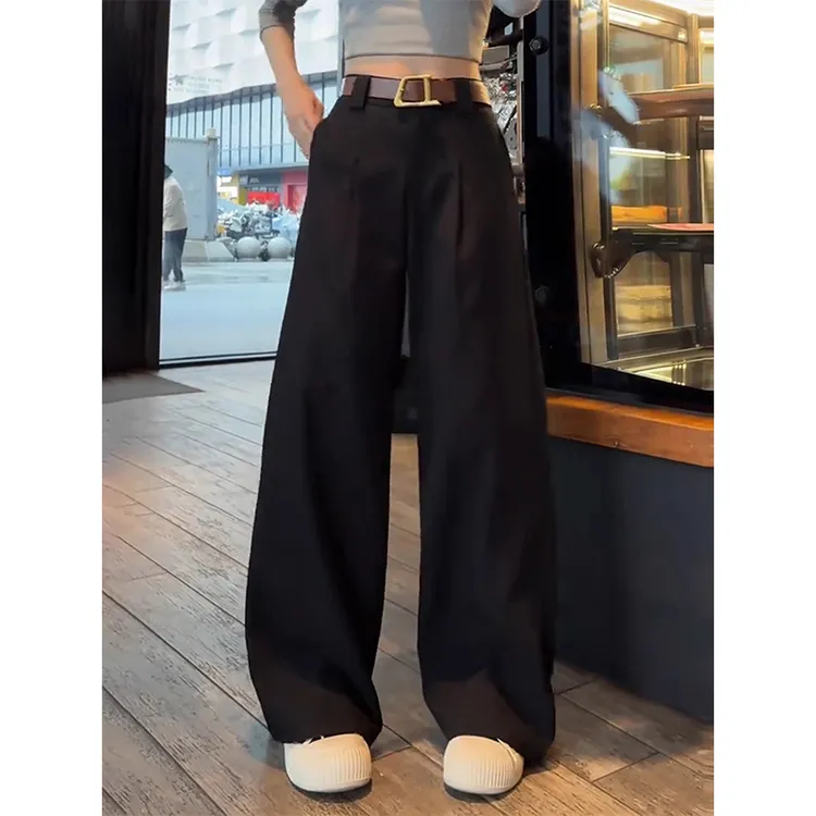 拉夏贝尔宽松时尚直筒休闲裤女2025秋季新款高腰垂坠感阔腿拖地裤