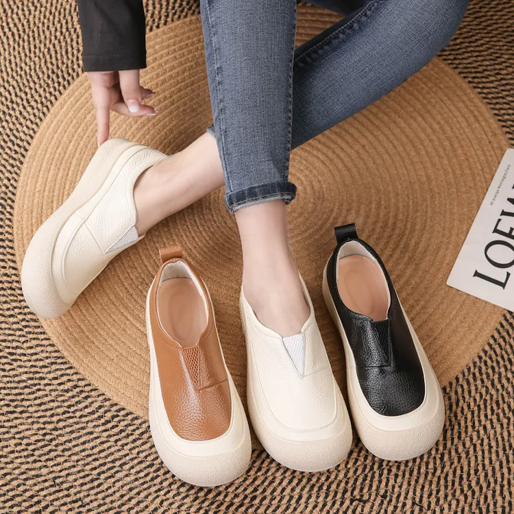 头层牛皮2025年春季单鞋复古风妈妈鞋舒适厚底乐福鞋一脚蹬
