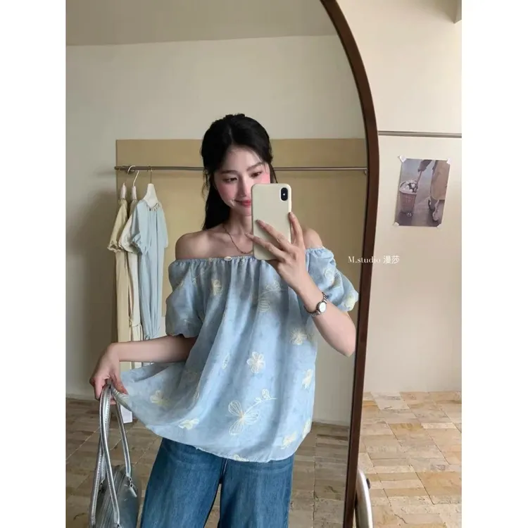 大码胖MM一字肩刺绣碎花上衣女夏季宽松显瘦气质甜美超仙炸街小衫
