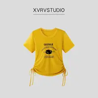 XVRV【夏上新】抽绳款网纱运动短袖健身跳操户外百搭显瘦T恤上衣