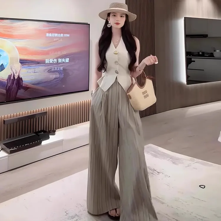 时尚套装女夏季新款显瘦V领无袖马甲背心条纹休闲阔腿裤两件套潮