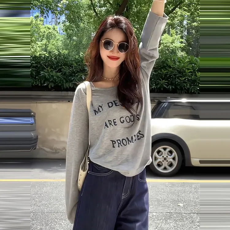 早秋新款时尚薄款松弛感休闲百搭好看针织衫字母印花减龄漂亮上衣