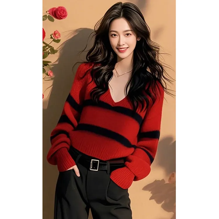 红黑条纹内搭针织毛衣女冬季韩系慵懒风高级感超好看上衣裤子套装