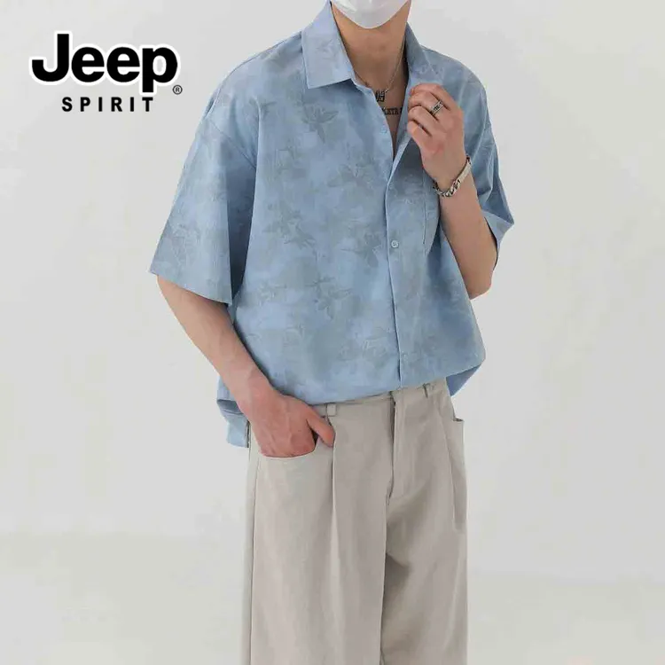 JEEPSPIRIT吉普高级感短袖衬衫男士夏季休闲潮流蝴蝶印花日系衬衣