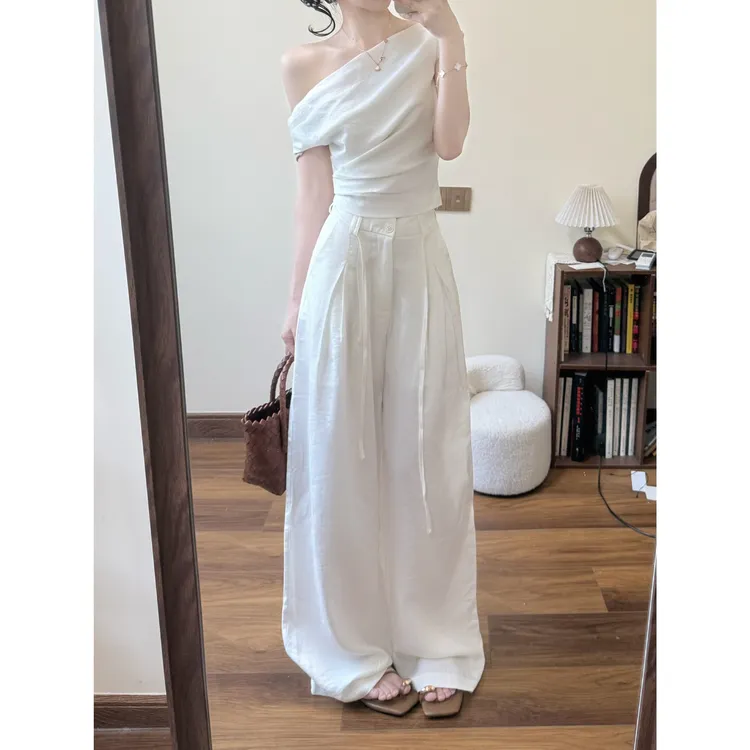 实价现货纯欲斜肩短袖T恤高腰显瘦阔腿裤女夏季海边度假休闲套装