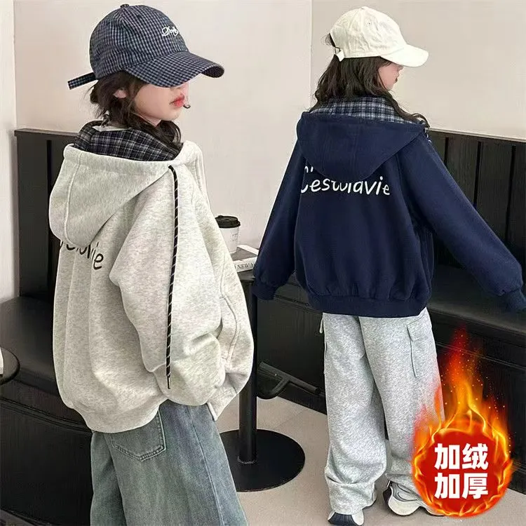 女童外套加绒秋冬2025新款加厚中大童美式印花卫衣连帽开衫韩版潮