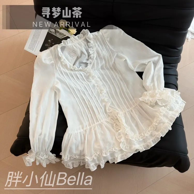 【胖小仙】<寻梦山茶>荷叶袖秋季衬衫时尚百搭微胖显瘦大码