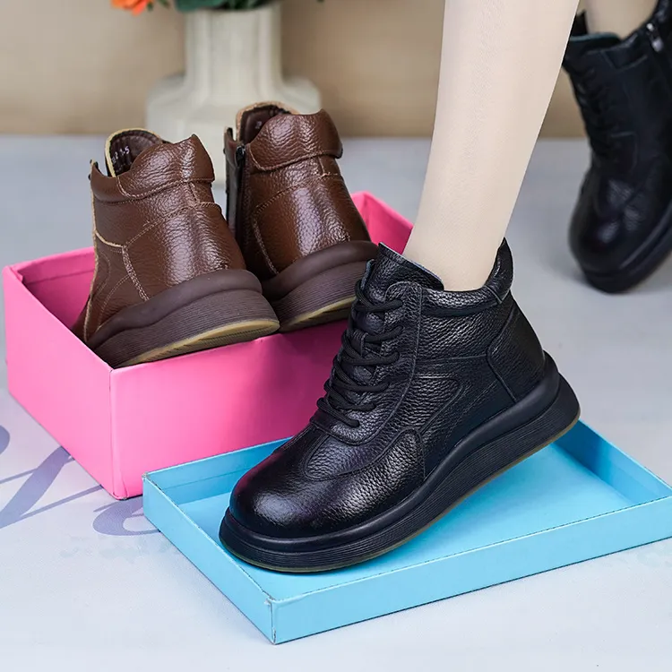 RY1253秋冬新头层牛皮厚底高帮鞋女软底软面加绒真皮圆头休闲鞋女
