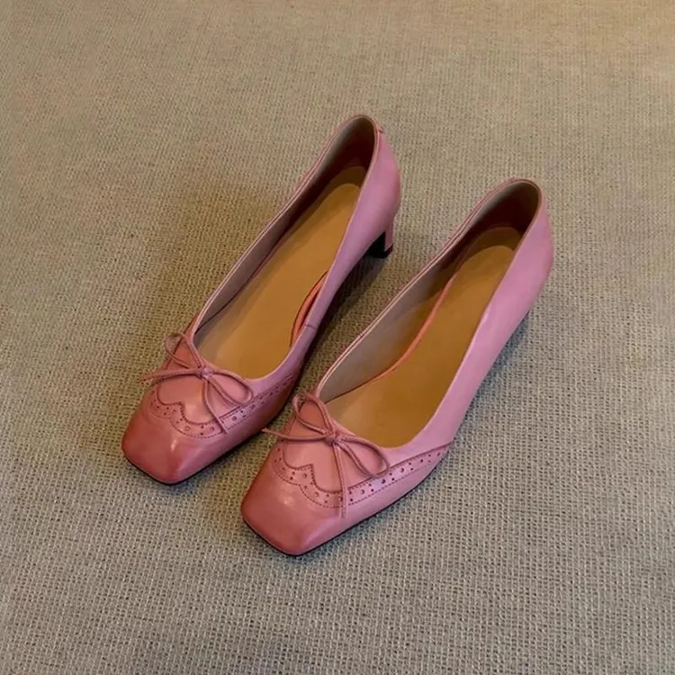 【万达撤柜】羊皮版~复古文艺新款雕花高跟鞋女方头百搭单鞋粗跟