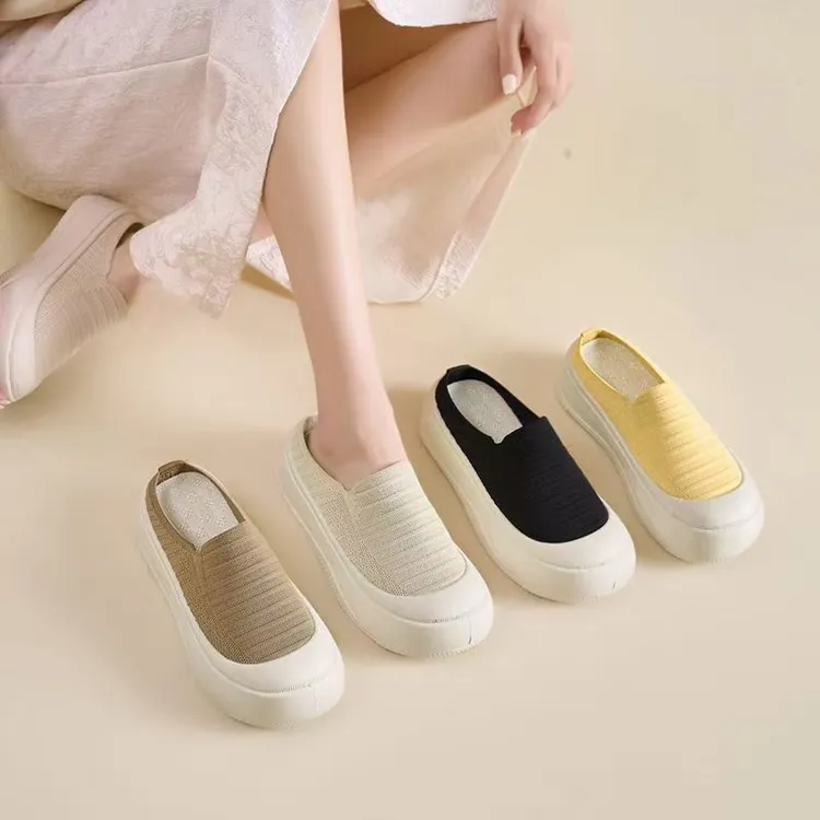 2025夏季新款简约厚底飞织半拖时尚百搭休闲女鞋透气极简风渔夫鞋