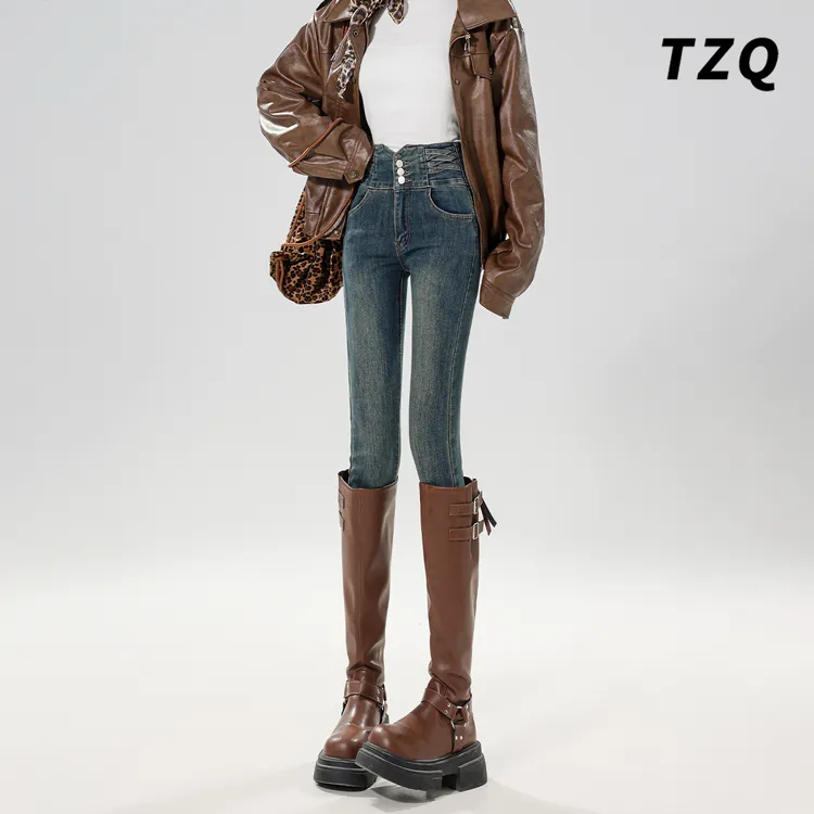 水泥灰紧身小脚牛仔裤女2025秋新款高腰显瘦弹力铅笔裤TZQ2591042