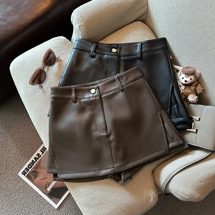PU皮纯色半开叉包臀半身裙女2025秋冬新款辣妹风高腰a字半身短裙