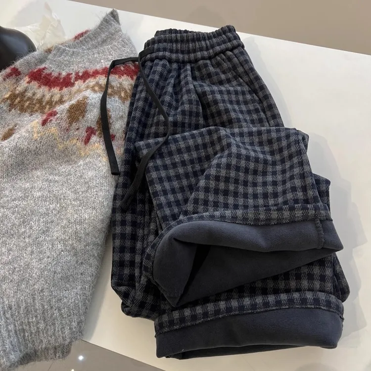 女童加绒格子阔腿裤女大童慵懒宽松加厚休闲学生保暖长裤直筒裤潮