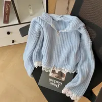 【秀宝女装】百搭蕾丝拼接短款连帽毛衣开衫XB3922