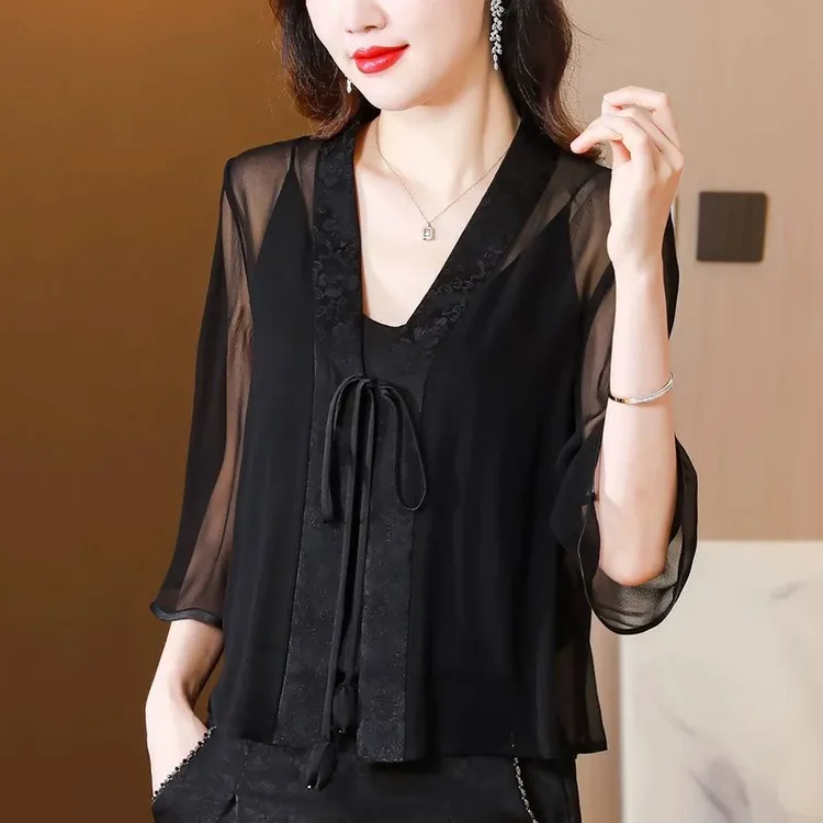 新中式小披肩外搭防晒衣女2025夏季新款高级感黑色开衫珍珠雪纺衫