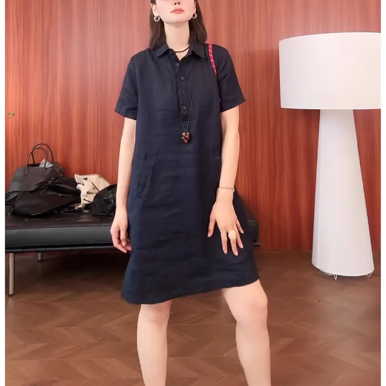 韩版时尚气质休闲连衣裙减龄宽松夏季女士新款纯色显瘦中长裙子女