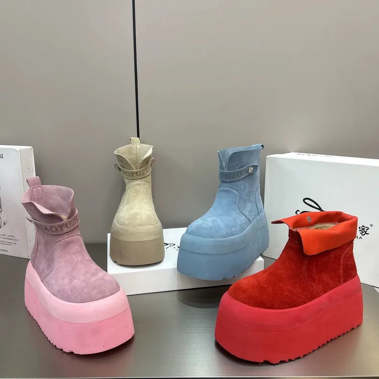 广州欧货【彩图】春季真皮8cm厚底洋气丑萌时尚厚底彩色马丁靴