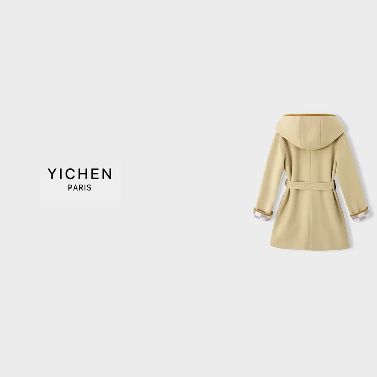 YC 浅卡其棋盘格提花羊毛毛呢连帽大衣-5320