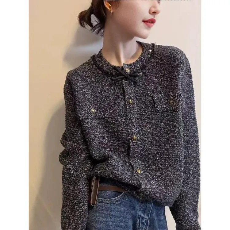 【小香亮片】铜扣小香风时尚圆领针织假开衫女毛衣外套