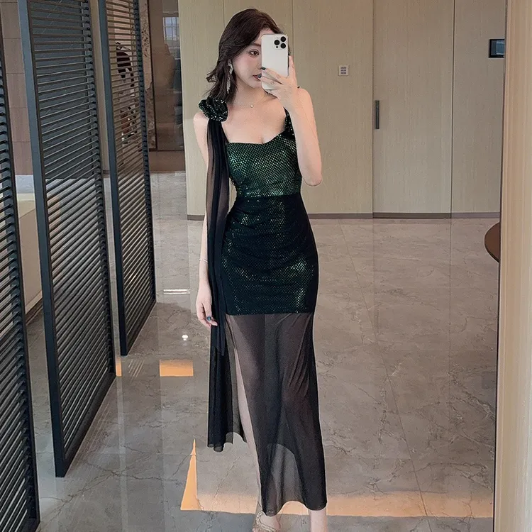 纯欲气质女人味亮片网纱拼接性感吊带连衣裙时尚长裙夜场上班衣服