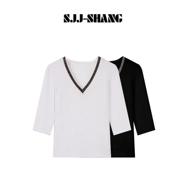 SJJ-SHANG【闪芒】25早秋重磅棉V领修身显瘦气质感T恤上衣q135382p