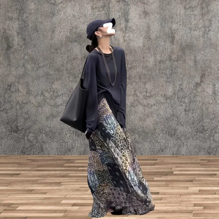 2025夏季新款韩系简约纯色宽松T恤女＋高腰别致印花半身裙两件套女