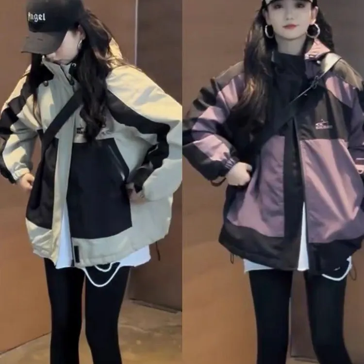 女士连帽二棉撞色冲锋衣加厚冬季中长款夹克开衫潮流款外套洋气