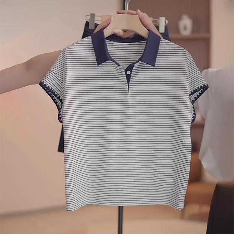 2025夏季新款女士条纹翻领T恤时尚显瘦减龄高级感撞色Polo衫上衣
