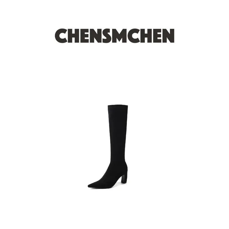 CHENSMCHEN 时尚通勤黑色绒面尖头粗跟侧拉链长筒百搭气质女靴
