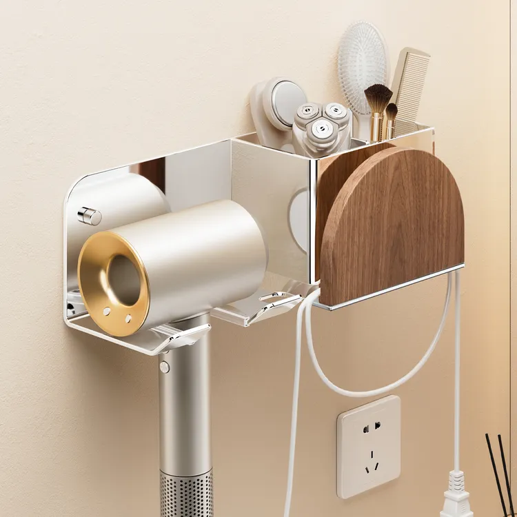 胡桃木304不锈钢免打孔吹风机架304不锈钢浴室置物架中古风置物架