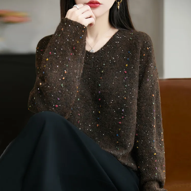 V领咖色纯100羊毛衫女秋冬新款慵懒风宽松显瘦毛衣内搭羊绒打底衫