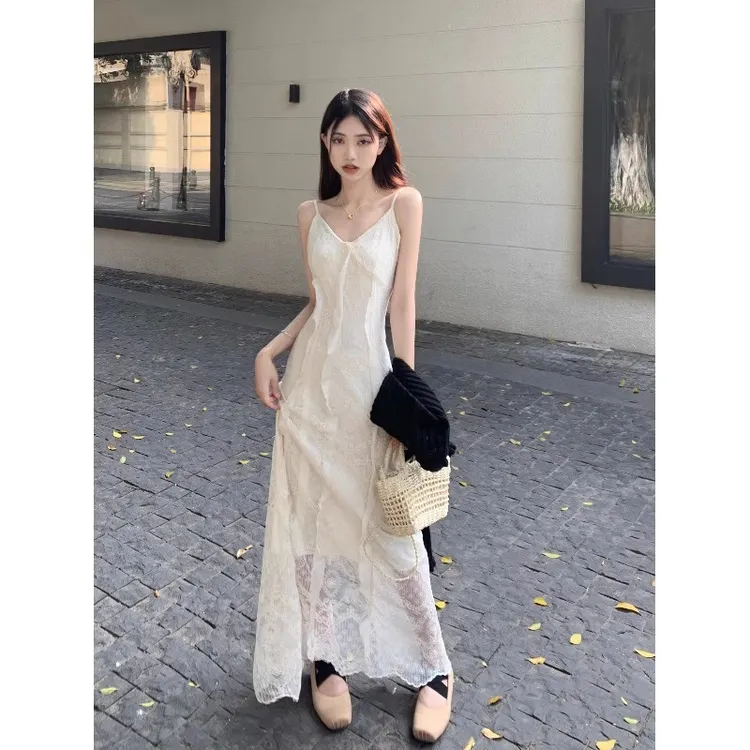 法式绝美立体提花蕾丝拼接吊带裙子女夏季收腰显瘦气质仙女连衣裙