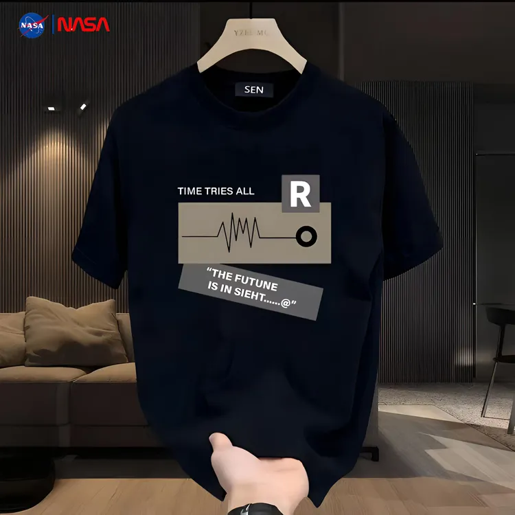 NASA联名潮牌轻奢新款100%纯棉男体恤百搭短袖休闲宽松印花T恤衫