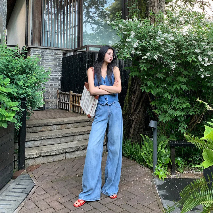 2025夏季新款直筒百搭阔腿裤冰感莱赛尔高腰显瘦慵懒风牛仔裤女