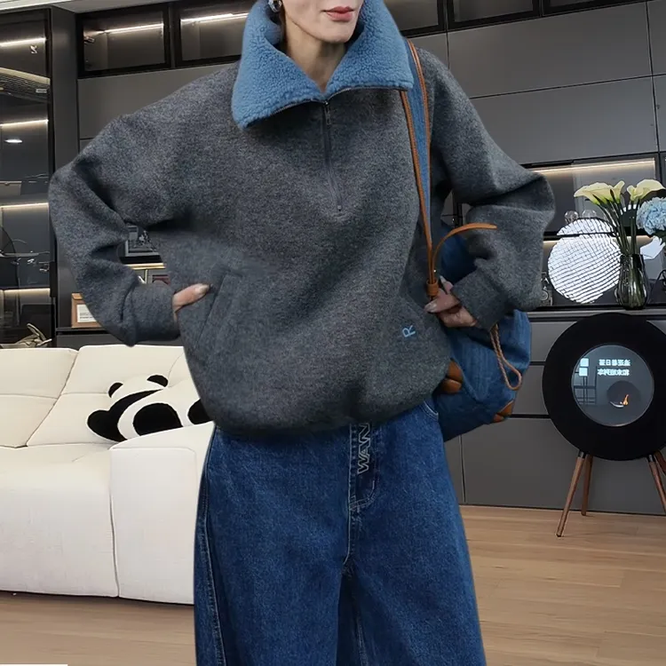 韩系慵懒风毛毛领翻领卫衣女秋冬新款保暖舒适气质百搭半拉链上衣
