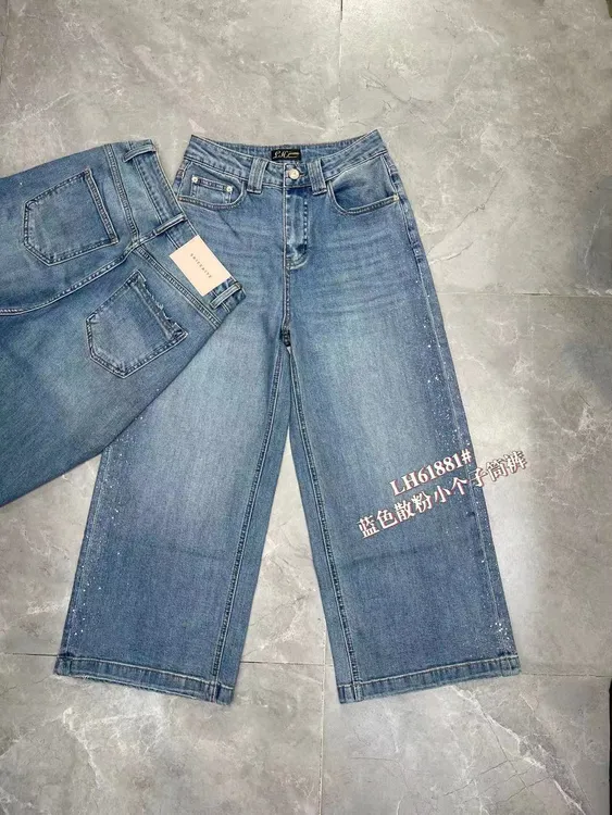 小个子薄款微弹九分阔脚裤牛仔裤女裤子蓝色女装