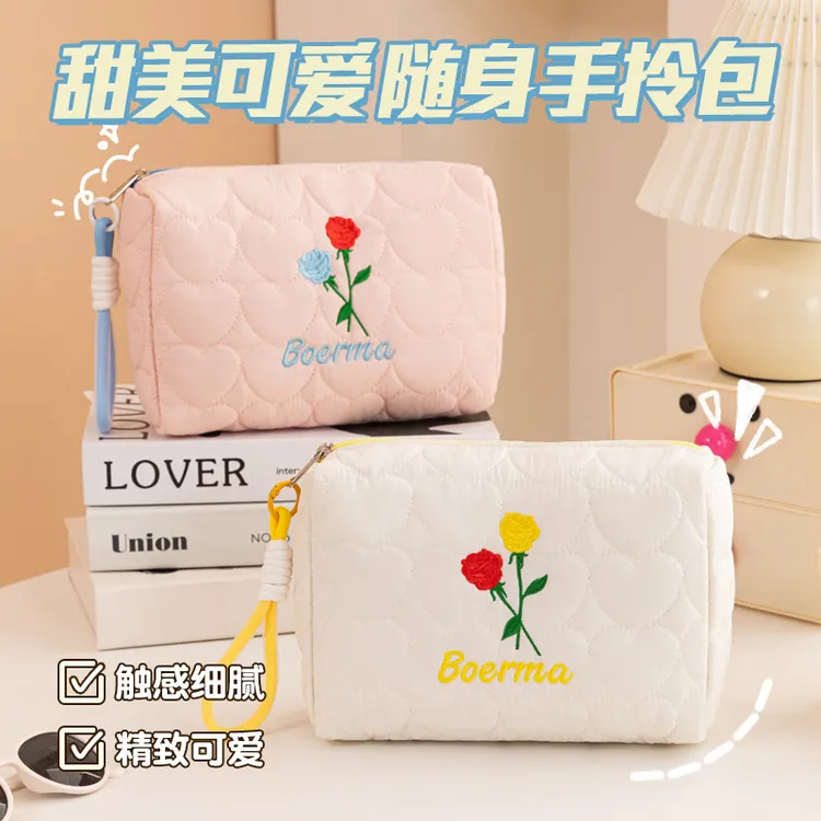 多巴胺新款手拎包尼龙桃心次刺绣郁金香可爱高颜值大容量女生少女