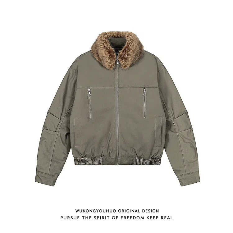 悟空有货冬季美式褶皱毛领短款棉衣男女复古潮牌情侣保暖休闲棉服